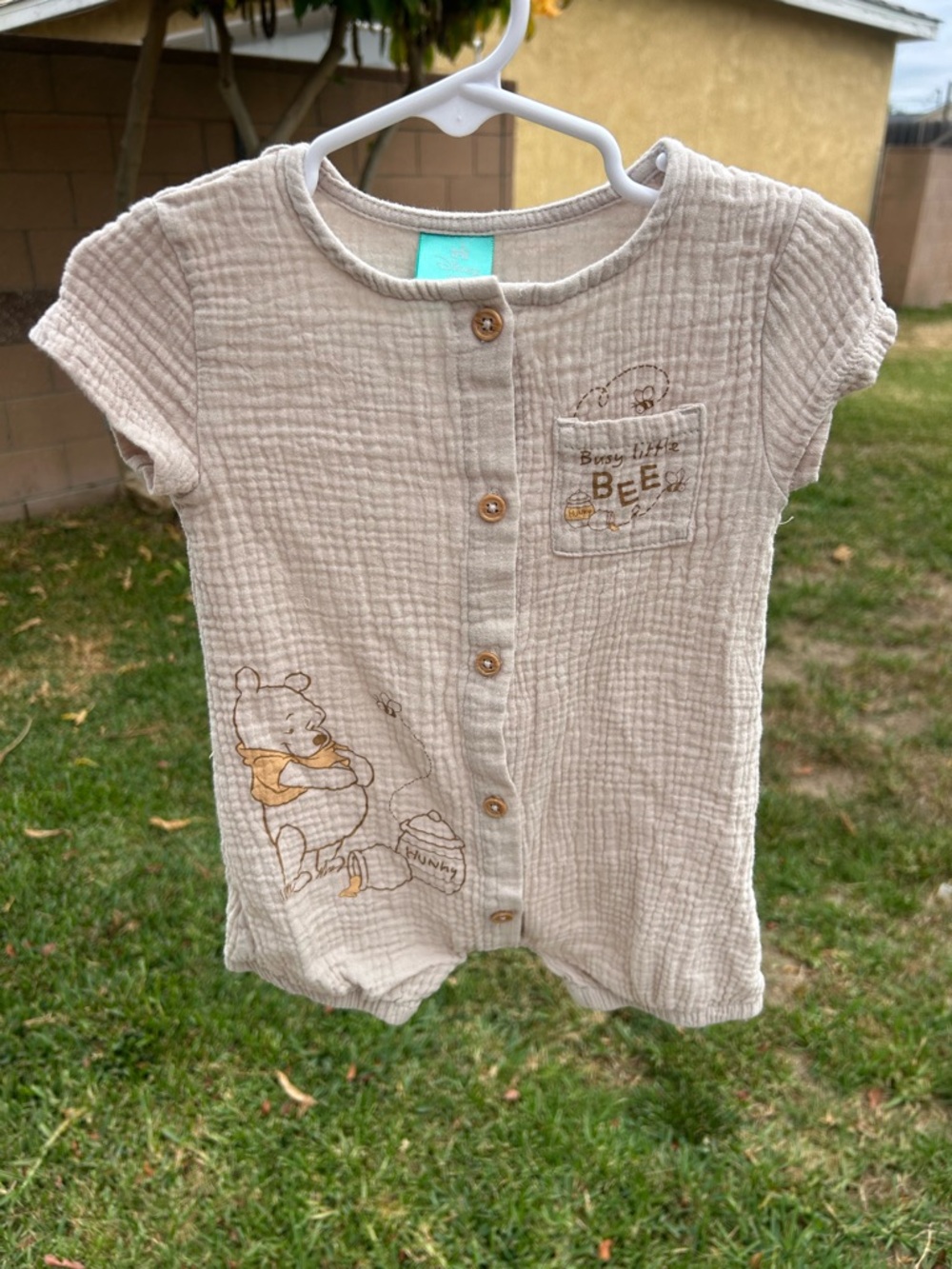 Disney Beige Winnie-the-Pooh Button Front Short Sleeve Romper